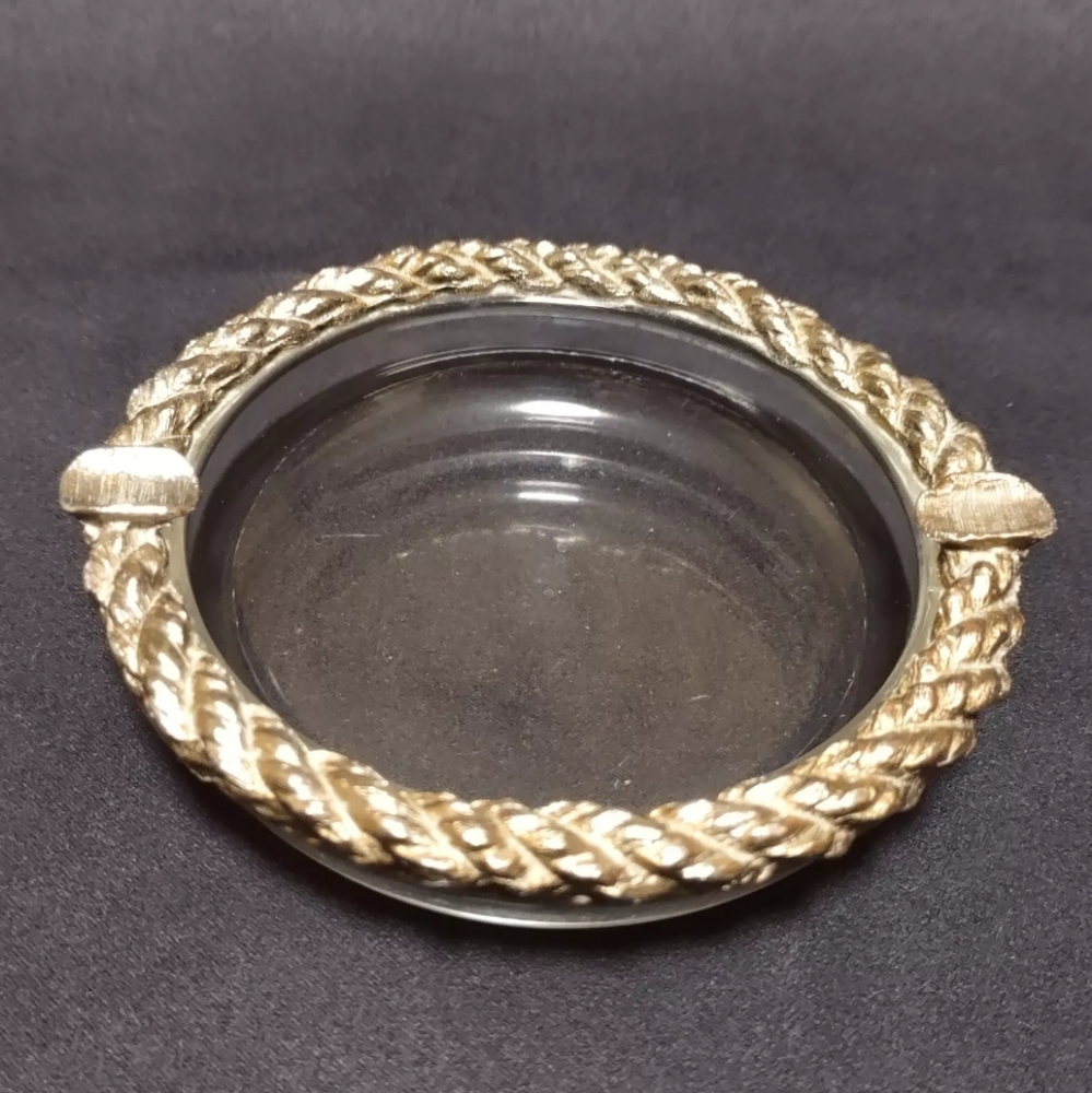Vintage Art Deco Twisted Rope Brass and Glass Ashtray - Hollywood Regency